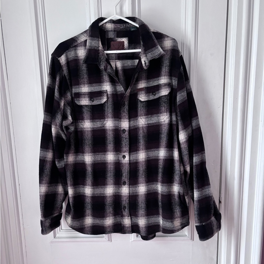 Men’s Orvis Heavyweight Flannel Shirt Jacket Brown/Cream Plaid Pockets Size XL